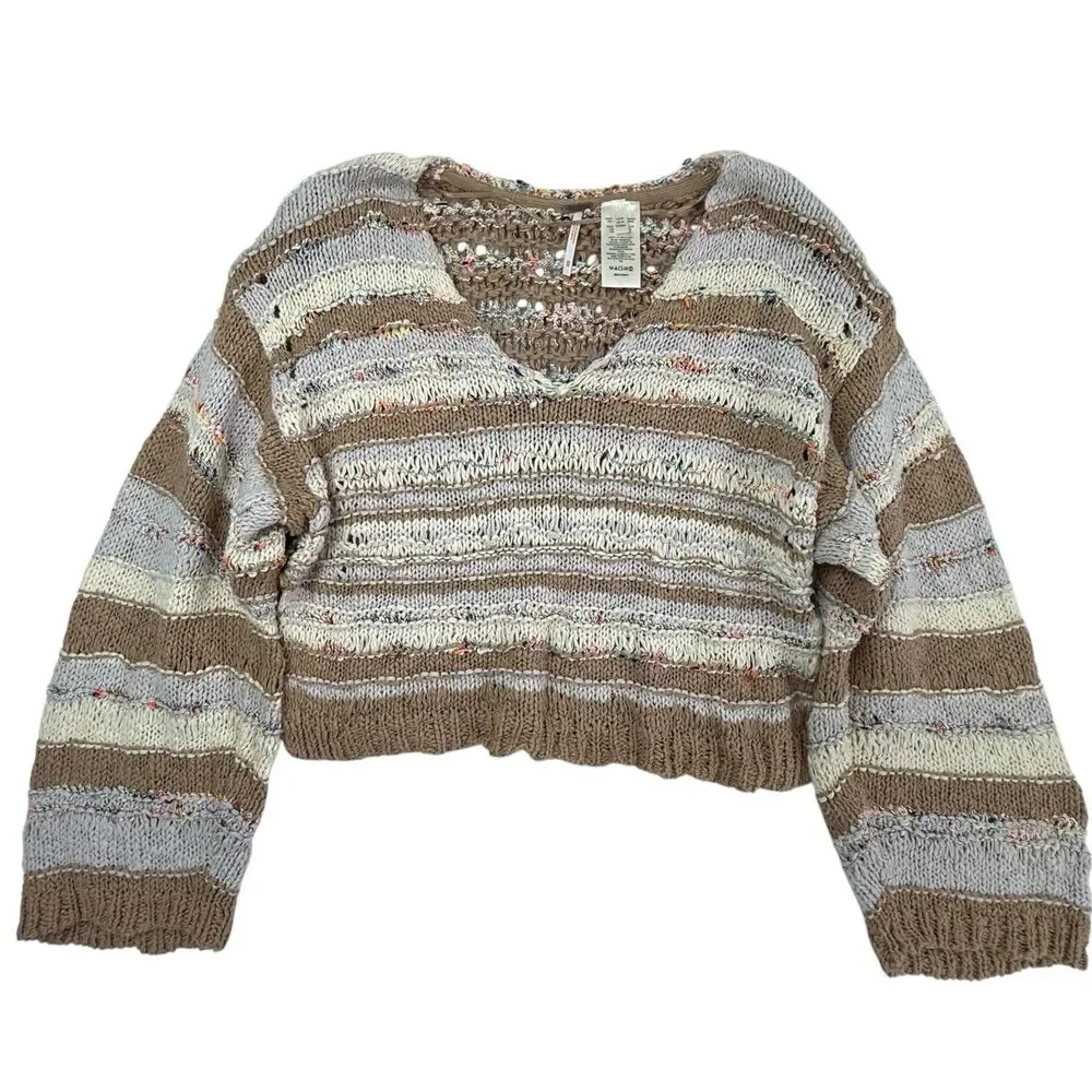 Free People Lake Life Pullover Sweater in Sunset Sand Medium Chunky Cropped Boho